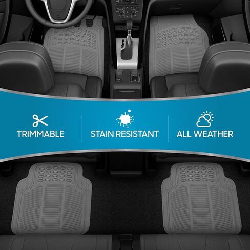 BDK 3-Piece Gray Rubber Floor Mats (Front + Rear), Heavy Duty Universal Fit Liners for Cars SUVs Trucks Vans, All Weather Protection Anti-Slip Nibs, Flexible Contours Fits Most Vehicles in Saudi Arabia