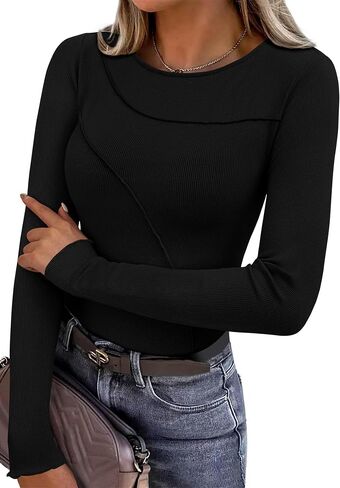 KIRUNDO Womens Tops Long Sleeve Ribbed Knit Going Out Top 2025 Fall Fashion Crewneck Exposed Seams Slim Fit Workout Shirts in Saudi Arabia