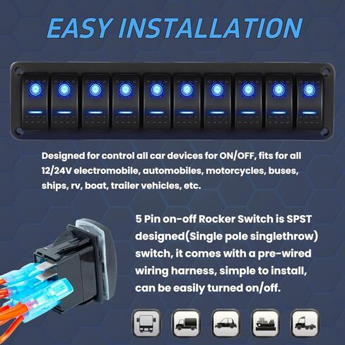 10 Gang Marine Aluminium Rocker Switch Panel ، Toggle Toggle Dash 12V/24V 5 PIN SPST ON/OFF ROCKER ROCKER مع الإضاءة الخلفية LED للسيارة RV ATV UTV Truck Jeep Yacht Ship (Blue) in Kuwait