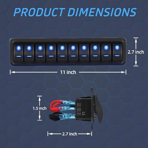 10 Gang Marine Aluminium Rocker Switch Panel ، Toggle Toggle Dash 12V/24V 5 PIN SPST ON/OFF ROCKER ROCKER مع الإضاءة الخلفية LED للسيارة RV ATV UTV Truck Jeep Yacht Ship (Blue) in Kuwait