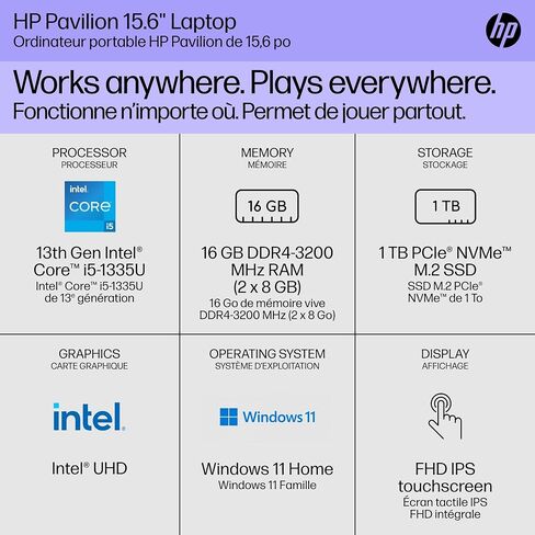 HP 15.6 "جهاز كمبيوتر محمول من شاشة اللمس للطالب والأعمال ، Intel 12th Gen Core I3-1215U ، 32 GB RAM ، 1 تيرابايت SSD ، Intel UHD ، رسوم سريعة ، كاميرا HD ، ترخيص Microsoft Office Lifetime & Windows 11 Pro in Kuwait