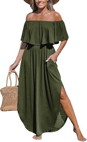 CUPSHE Women's Knit Ruffle Maxi Cover Up Dress Off Shoulder Split Hem Summer Dresses Cover Ups with Pockets in Saudi Arabia