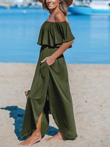 CUPSHE Women's Knit Ruffle Maxi Cover Up Dress Off Shoulder Split Hem Summer Dresses Cover Ups with Pockets in Saudi Arabia