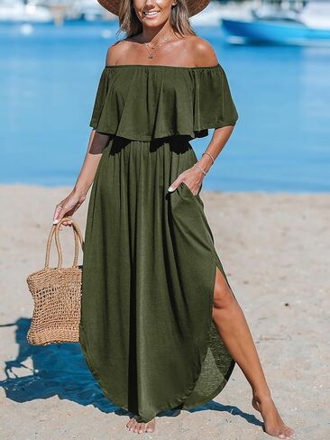 CUPSHE Women's Knit Ruffle Maxi Cover Up Dress Off Shoulder Split Hem Summer Dresses Cover Ups with Pockets in Saudi Arabia