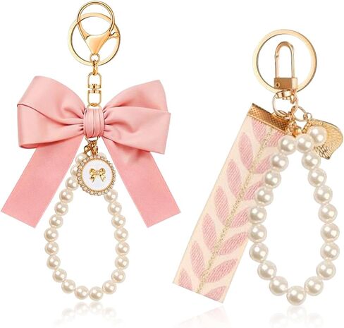 2PCS Cute Bow Keychain for Women, Pearl Key Chains for Car Keys, Coquette Bow Keychain Accessories Charms, Ribbon Bag Charm for Purses and Backpacks in Saudi Arabia