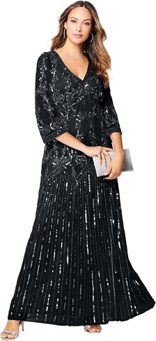 Roaman's Women's Plus Size Beaded V-Neck 3/4 Sleeve Sleeve Maxi Gown in Kuwait