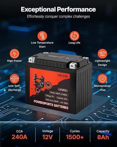 VEVOR Motorcycle Battery, 12 Volt 7Ah, LiFePO4 Lithium Pre-Charged Powersports Battery, Maintenance Free & High Performance, Compatible with ATV, Motorcycle, Jet Skis, Scooter, UTV, and More in Saudi Arabia