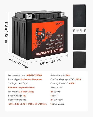 VEVOR Motorcycle Battery, 12 Volt 7Ah, LiFePO4 Lithium Pre-Charged Powersports Battery, Maintenance Free & High Performance, Compatible with ATV, Motorcycle, Jet Skis, Scooter, UTV, and More in Saudi Arabia