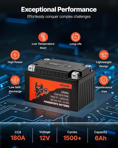 VEVOR Motorcycle Battery, 12 Volt 7Ah, LiFePO4 Lithium Pre-Charged Powersports Battery, Maintenance Free & High Performance, Compatible with ATV, Motorcycle, Jet Skis, Scooter, UTV, and More in Saudi Arabia