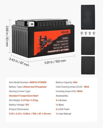 VEVOR Motorcycle Battery, 12 Volt 7Ah, LiFePO4 Lithium Pre-Charged Powersports Battery, Maintenance Free & High Performance, Compatible with ATV, Motorcycle, Jet Skis, Scooter, UTV, and More in Saudi Arabia