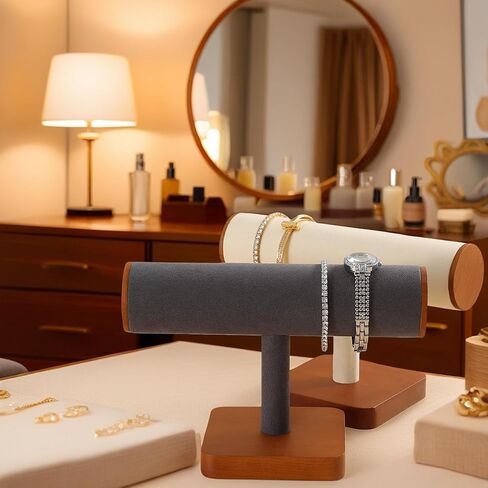 T-Bar Bracelet Display Stand, Wooden Base Jewelry Holder, Space Saving Design for Personal Use and Vendors (Old Lace) in Saudi Arabia