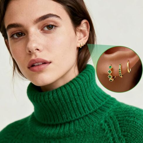3 Pairs Gold Green Huggie Earrings for Women Stackable, Small Dainty Cartilage Helix Hoops & Hypoallergenic Earring Set, Cute Western Trendy Fashion Jewelry Gifts in Saudi Arabia