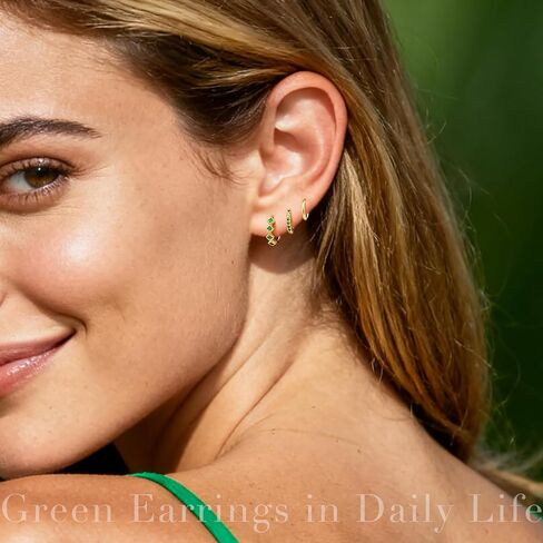 3 Pairs Gold Green Huggie Earrings for Women Stackable, Small Dainty Cartilage Helix Hoops & Hypoallergenic Earring Set, Cute Western Trendy Fashion Jewelry Gifts in Saudi Arabia