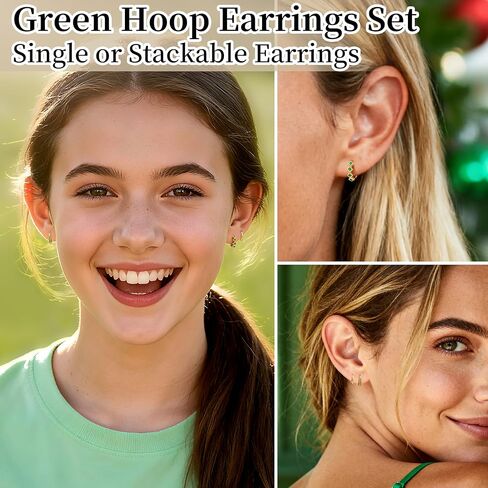 3 Pairs Gold Green Huggie Earrings for Women Stackable, Small Dainty Cartilage Helix Hoops & Hypoallergenic Earring Set, Cute Western Trendy Fashion Jewelry Gifts in Saudi Arabia