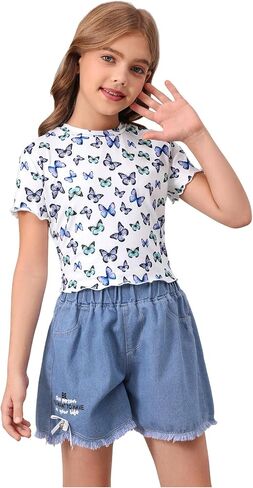 Girl's 3 Packs Graphic Tees Butterfly Embroidery Short Sleeve T Shirt Crewneck Slim Fit Tops in Saudi Arabia