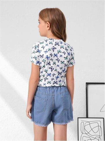 Girl's 3 Packs Graphic Tees Butterfly Embroidery Short Sleeve T Shirt Crewneck Slim Fit Tops in Saudi Arabia