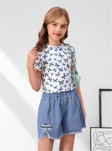 Girl's 3 Packs Graphic Tees Butterfly Embroidery Short Sleeve T Shirt Crewneck Slim Fit Tops in Saudi Arabia