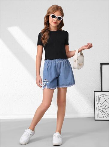 Girl's 3 Packs Graphic Tees Butterfly Embroidery Short Sleeve T Shirt Crewneck Slim Fit Tops in Saudi Arabia