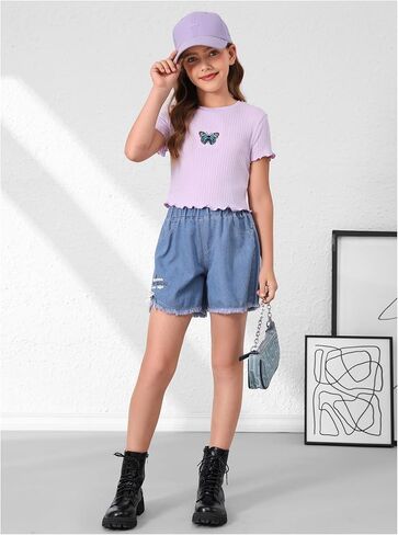 Girl's 3 Packs Graphic Tees Butterfly Embroidery Short Sleeve T Shirt Crewneck Slim Fit Tops in Saudi Arabia