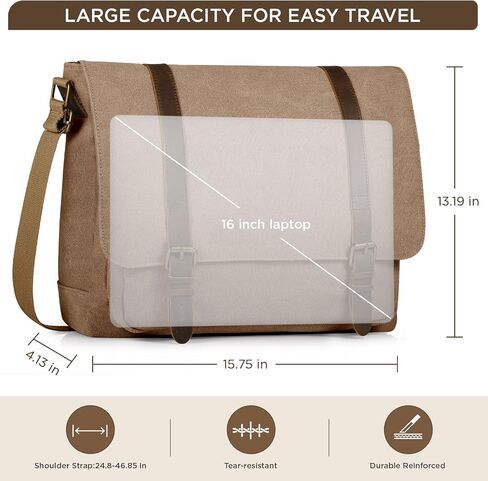 حقيبة Messenger Smriti Vintage Canvas للرجال 15.6-16 بوصة حقيبة كمبيوتر محمول ، حقيبة كتف حقيبة كمبيوتر للسفر المدرسي (أسود) in Kuwait