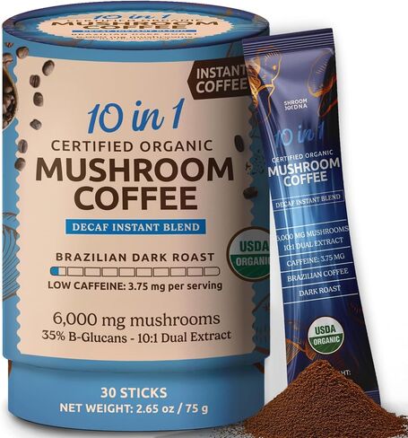 10-in-1 USDA Certified Organic Mushroom Coffee Instant, Instant Mushroom Coffee Brazilian Dark Roast for Better Energy, Focus, Gut Health, 30 Sticks, Regular Caffeine - MatchaDNA in Saudi Arabia