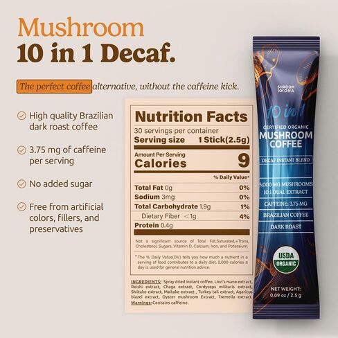 10-in-1 USDA Certified Organic Mushroom Coffee Instant, Instant Mushroom Coffee Brazilian Dark Roast for Better Energy, Focus, Gut Health, 30 Sticks, Regular Caffeine - MatchaDNA in Saudi Arabia