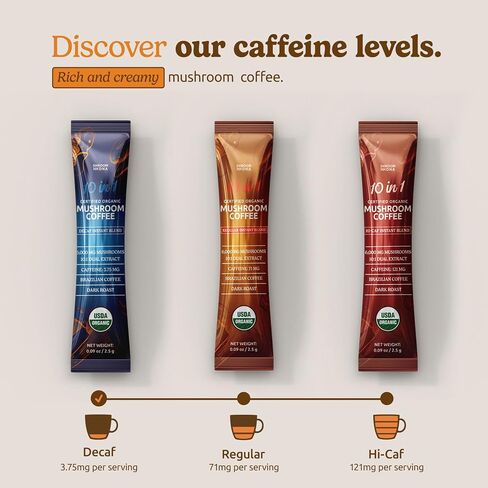 10-in-1 USDA Certified Organic Mushroom Coffee Instant, Instant Mushroom Coffee Brazilian Dark Roast for Better Energy, Focus, Gut Health, 30 Sticks, Regular Caffeine - MatchaDNA in Saudi Arabia