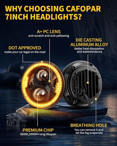 DOT 7 Inch Round LED Headlight,Hi/Lo Beam with White DRL&Amber Turn Signal, Anti-Glare Z-Shaped Dual-Beam Projector Fit For 1976-2018 Wrangler JK TJ LJ Che-vy,Lighting for Off-Road Night Adventure in Kuwait