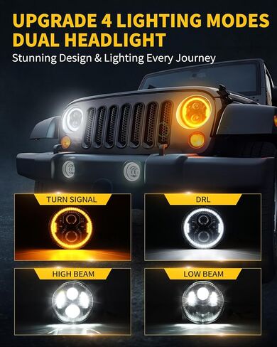 DOT 7 Inch Round LED Headlight,Hi/Lo Beam with White DRL&Amber Turn Signal, Anti-Glare Z-Shaped Dual-Beam Projector Fit For 1976-2018 Wrangler JK TJ LJ Che-vy,Lighting for Off-Road Night Adventure in Kuwait
