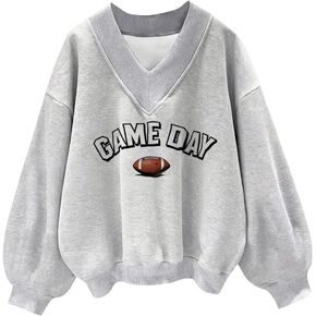 Oversized Sweatshirt for Women Letter Graphic Drop Shoulder V Neck Pullover Long Sleeve Loose Fit Sweatshirts in Saudi Arabia