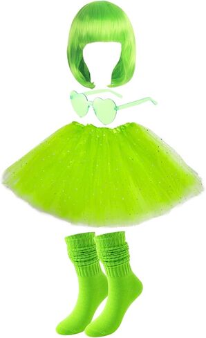80's Rock Star Costume Neon Tutu and Heart Shaped Sunglasses Wig Set, Skeletons Halloween Party Outfits in Kuwait