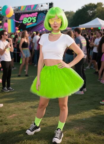 80's Rock Star Costume Neon Tutu and Heart Shaped Sunglasses Wig Set, Skeletons Halloween Party Outfits in Kuwait