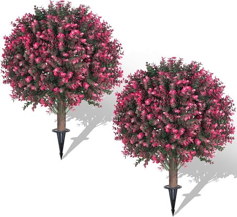 23" Artificial Boxwood Topiary Ball Trees with Colorful Flowers, Set of 2 UV Resistant No Fade Outdoor Faux Plants with Ground Spike, Fake Shrubs for Garden, Patio, Porch, Yard, Indoor Decor in Kuwait