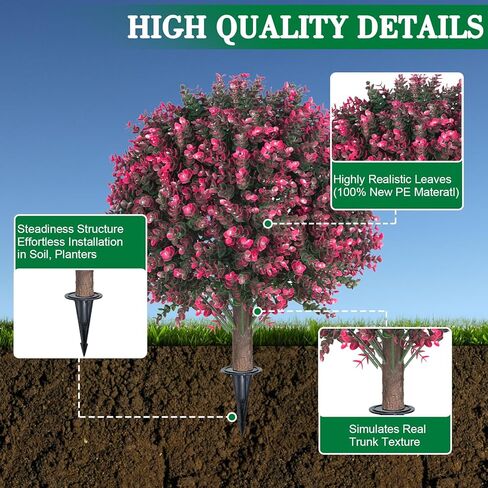 23" Artificial Boxwood Topiary Ball Trees with Colorful Flowers, Set of 2 UV Resistant No Fade Outdoor Faux Plants with Ground Spike, Fake Shrubs for Garden, Patio, Porch, Yard, Indoor Decor in Kuwait