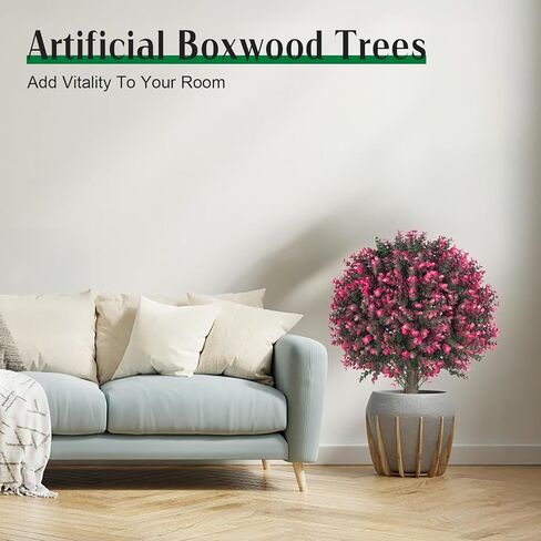 23" Artificial Boxwood Topiary Ball Trees with Colorful Flowers, Set of 2 UV Resistant No Fade Outdoor Faux Plants with Ground Spike, Fake Shrubs for Garden, Patio, Porch, Yard, Indoor Decor in Kuwait