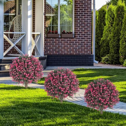 23" Artificial Boxwood Topiary Ball Trees with Colorful Flowers, Set of 2 UV Resistant No Fade Outdoor Faux Plants with Ground Spike, Fake Shrubs for Garden, Patio, Porch, Yard, Indoor Decor in Kuwait