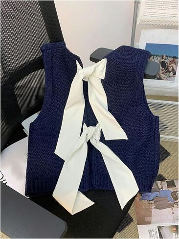 SweatyRocks Women's Sweater Vests Pearl Bow Crew Neck Sleeveless Casual Knit Vest Tops in Saudi Arabia
