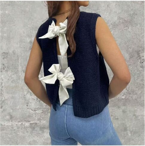 SweatyRocks Women's Sweater Vests Pearl Bow Crew Neck Sleeveless Casual Knit Vest Tops in Saudi Arabia
