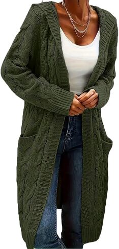 Women's Long Cable Knit Cardigan Sweater with Pockets, Open Front Have Cap in Saudi Arabia