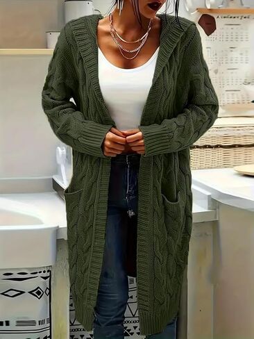 Women's Long Cable Knit Cardigan Sweater with Pockets, Open Front Have Cap in Saudi Arabia