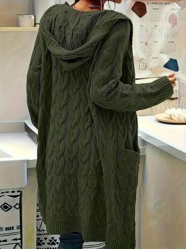 Women's Long Cable Knit Cardigan Sweater with Pockets, Open Front Have Cap in Saudi Arabia