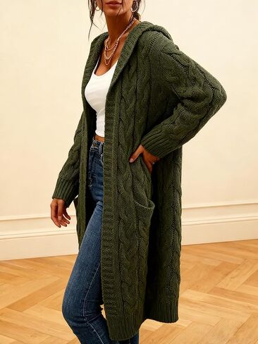 Women's Long Cable Knit Cardigan Sweater with Pockets, Open Front Have Cap in Saudi Arabia