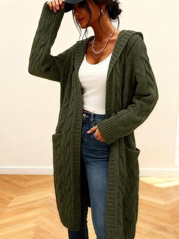Women's Long Cable Knit Cardigan Sweater with Pockets, Open Front Have Cap in Saudi Arabia