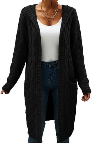 Women's Long Cable Knit Cardigan Sweater with Pockets, Open Front Have Cap in Saudi Arabia