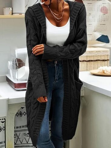 Women's Long Cable Knit Cardigan Sweater with Pockets, Open Front Have Cap in Saudi Arabia