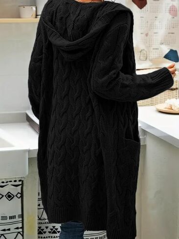 Women's Long Cable Knit Cardigan Sweater with Pockets, Open Front Have Cap in Saudi Arabia