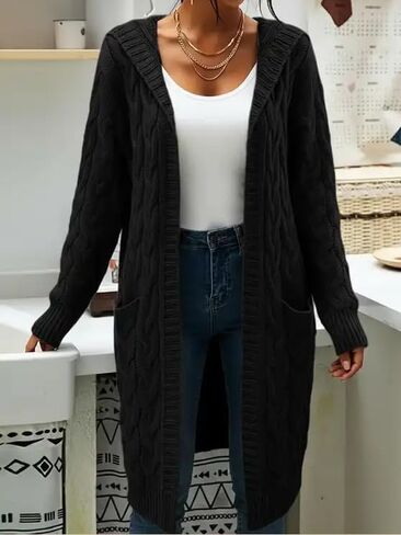Women's Long Cable Knit Cardigan Sweater with Pockets, Open Front Have Cap in Saudi Arabia
