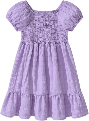 Little Bitty Toddler Girls Dress Square Neck Puff Sleeve A-Line Smocked Dresses Toddler Girls Summer Outfits 2-7 Years in Kuwait