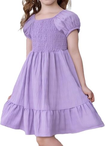 Little Bitty Toddler Girls Dress Square Neck Puff Sleeve A-Line Smocked Dresses Toddler Girls Summer Outfits 2-7 Years in Kuwait