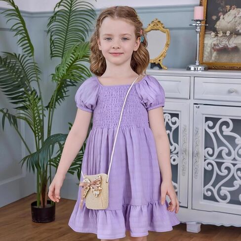 Little Bitty Toddler Girls Dress Square Neck Puff Sleeve A-Line Smocked Dresses Toddler Girls Summer Outfits 2-7 Years in Kuwait